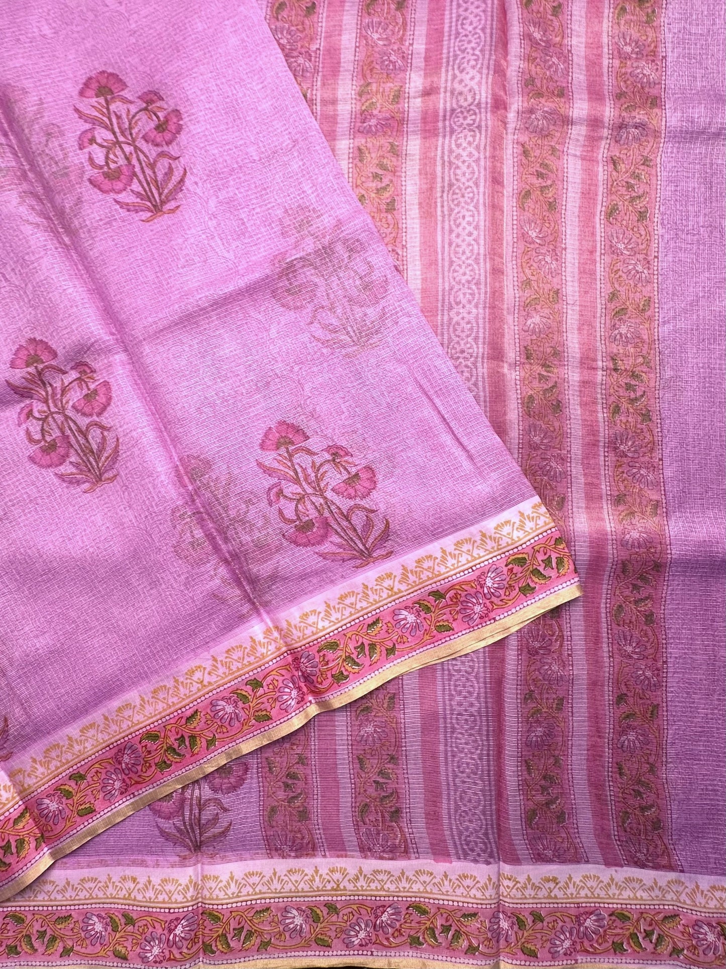 Mauve Hand Block-Print Pure Kota Doria Silk Saree