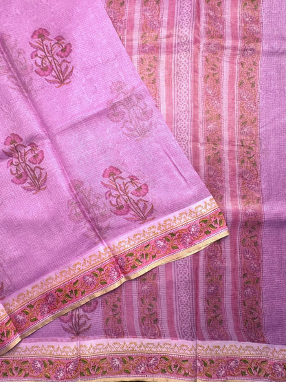 Mauve Hand Block-Print Pure Kota Doria Silk Saree
