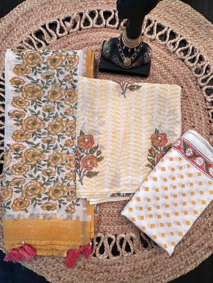 Off White-Yellow Hand Block Printed Chanderi 3-Piece Unstitched Suit with Aari Work