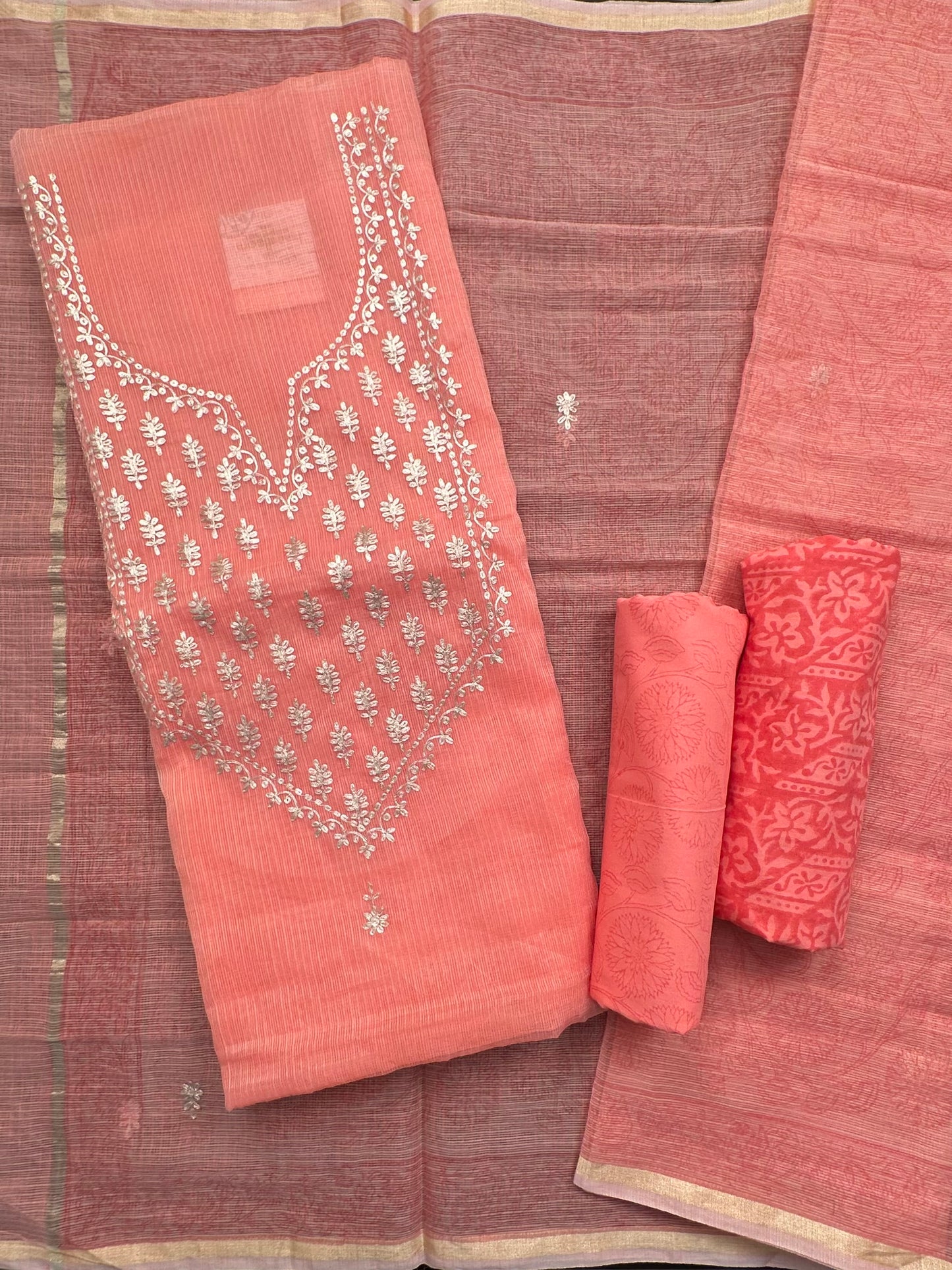 Coral Pink 4-Piece Kota Doria Cotton Unstitched Suit