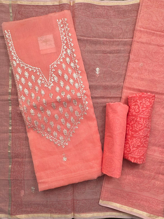 Coral Pink 4-Piece Kota Doria Cotton Unstitched Suit