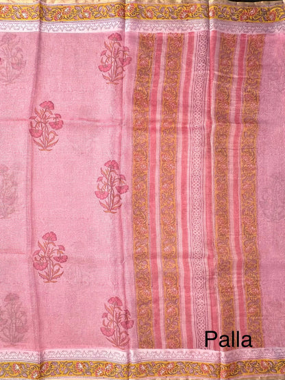 Pink Hand Block-Print Pure Kota Doria Silk Saree