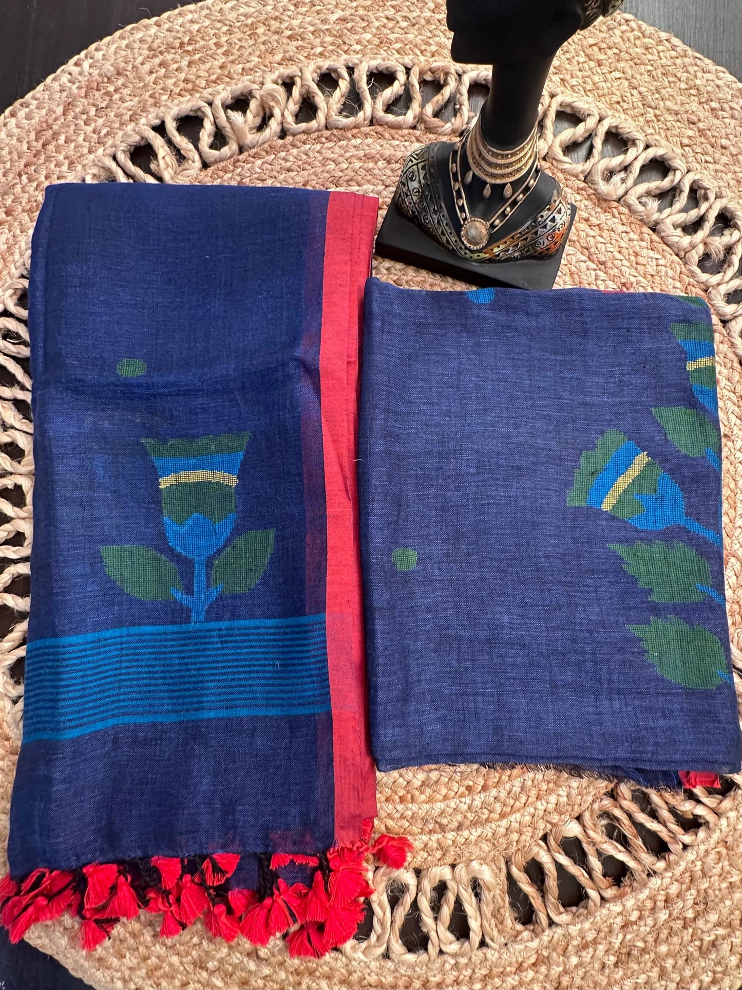 Navy Blue Linen Dhakai 2 Piece Kurta Dupatta Unstitched Set
