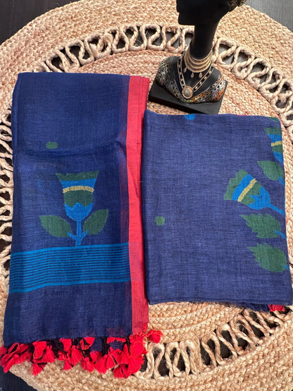 Navy Blue Linen Dhakai 2 Piece Kurta Dupatta Unstitched Set