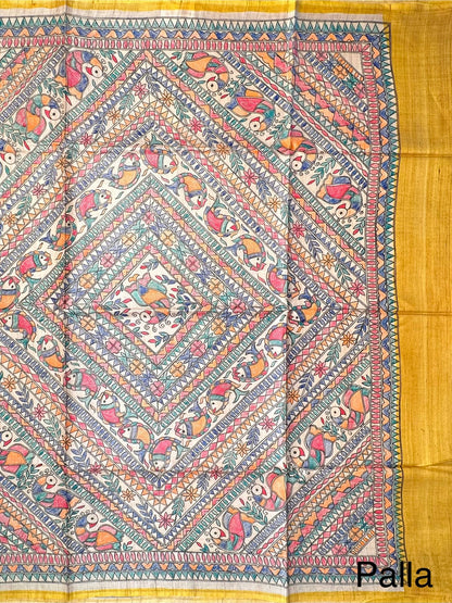 Yellow Madhubani Art Pure Tussar Silk Saree