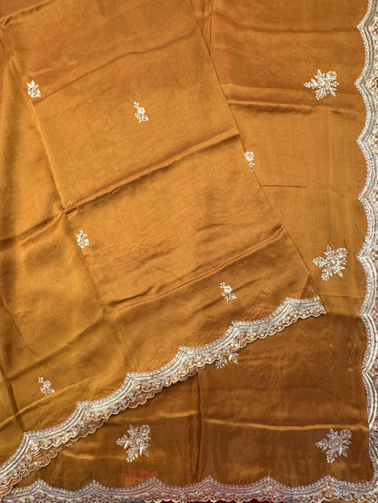 Mustard Artificial Crepe Saree With Hand Work