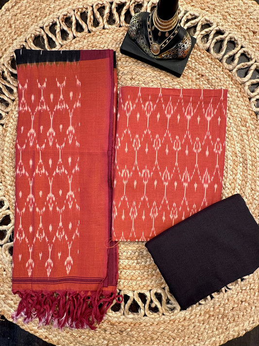 Rust Ikkat Cotton Unstitched 3-Piece Suit