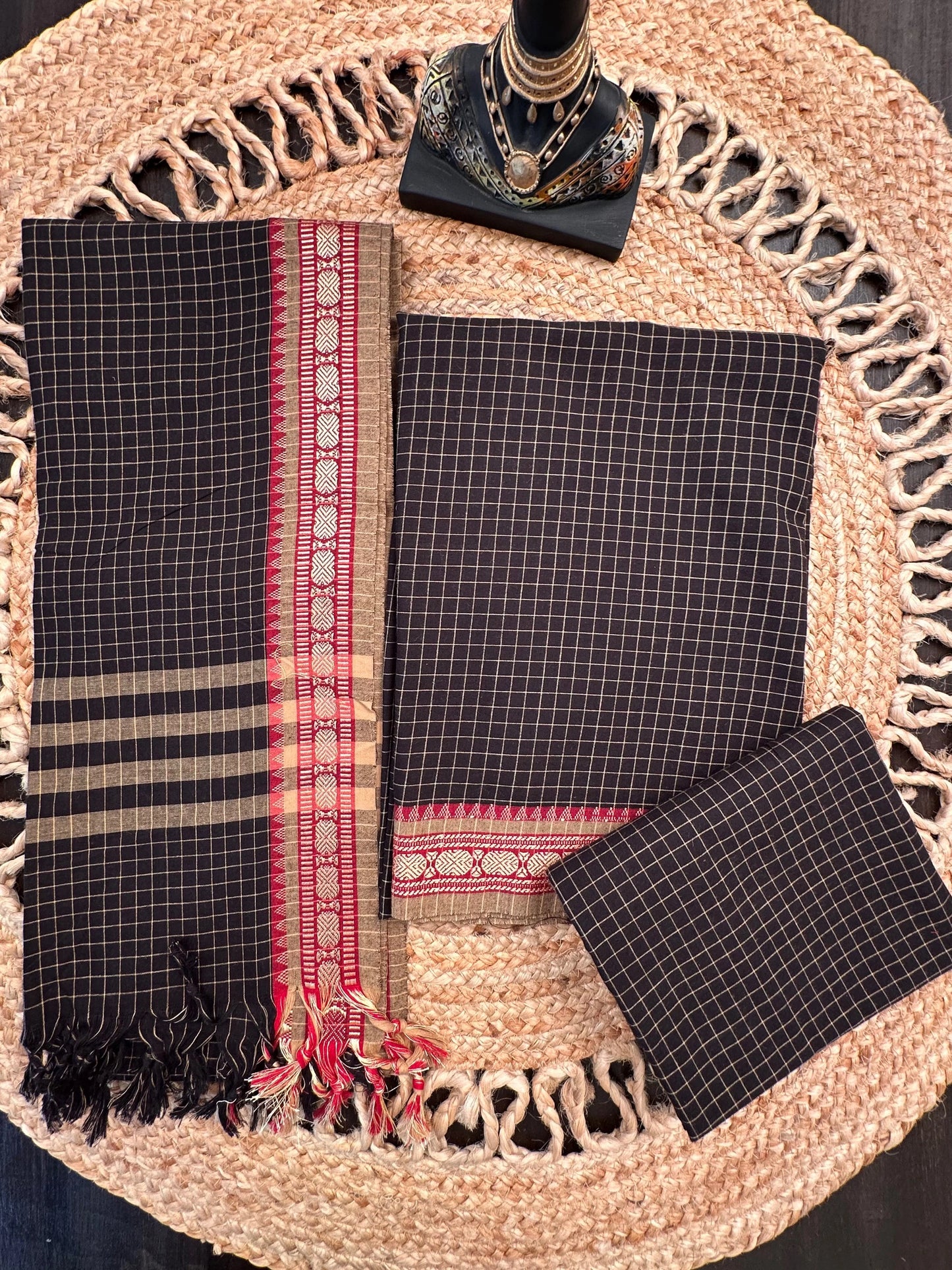 Black Checkered Dharwad South Cotton 3-Piece Suit