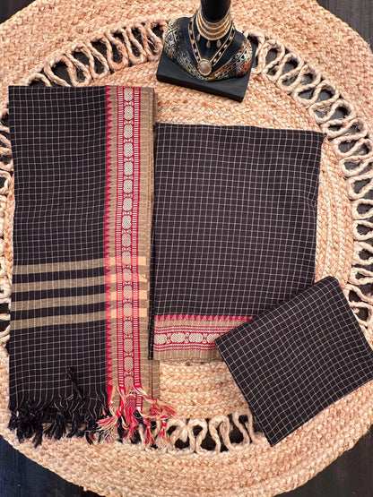 Black Checkered Dharwad South Cotton 3-Piece Suit