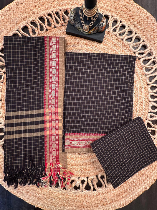 Black Checkered Dharwad South Cotton 3-Piece Suit
