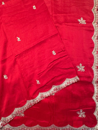 Red Artificial Crepe Saree With Hand Work