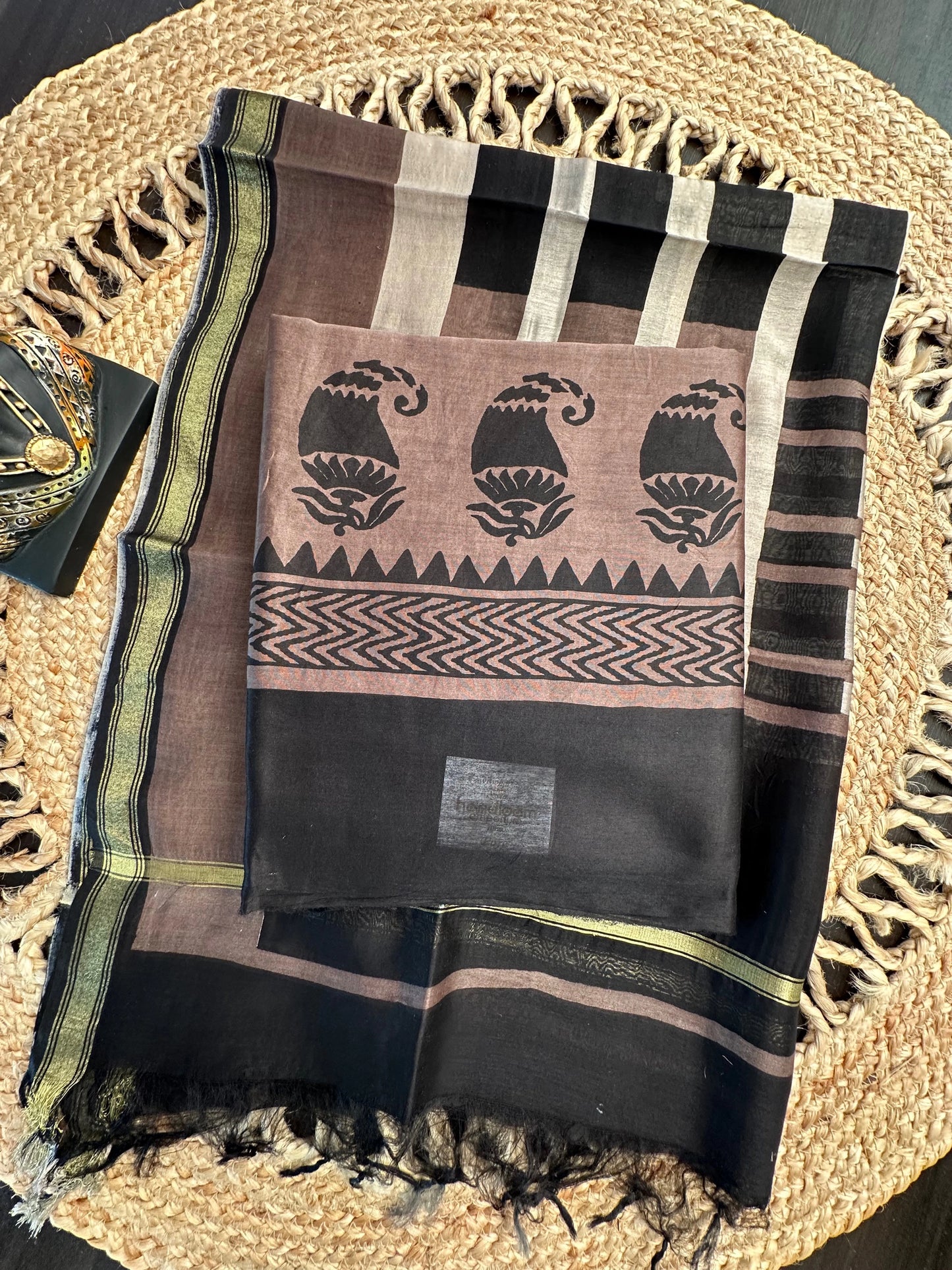 Black-Brownish Grey Printed Chanderi 3-Piece Unstitched Suit