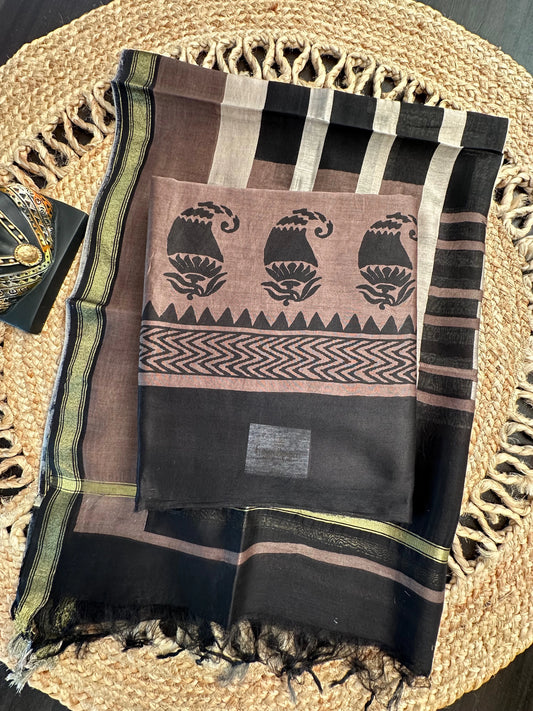 Black-Grey  Printed Chanderi 3-Piece Unstitched Suit