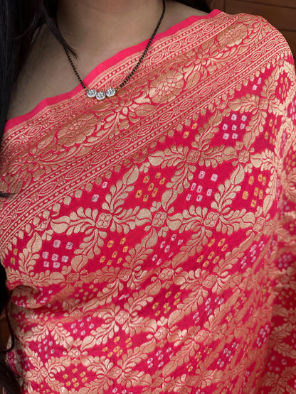 Coral Pink Gharchola Bandhej Pure Georgette Saree
