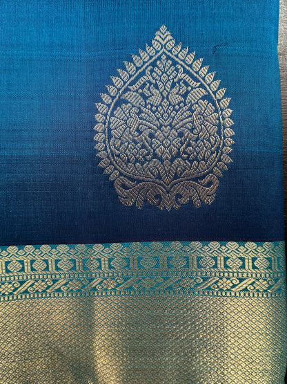 Blue-Firozi Handloom Kanjivaram Pure Silk Saree