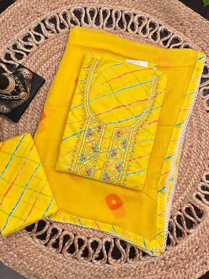 Yellow Leheriya Cotton 3-Piece Suit