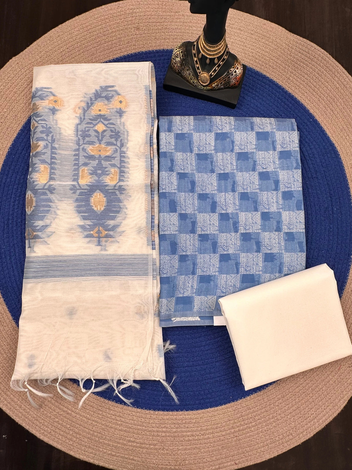 Sky Blue Jacquard 3-piece Unstitched Cotton Suit