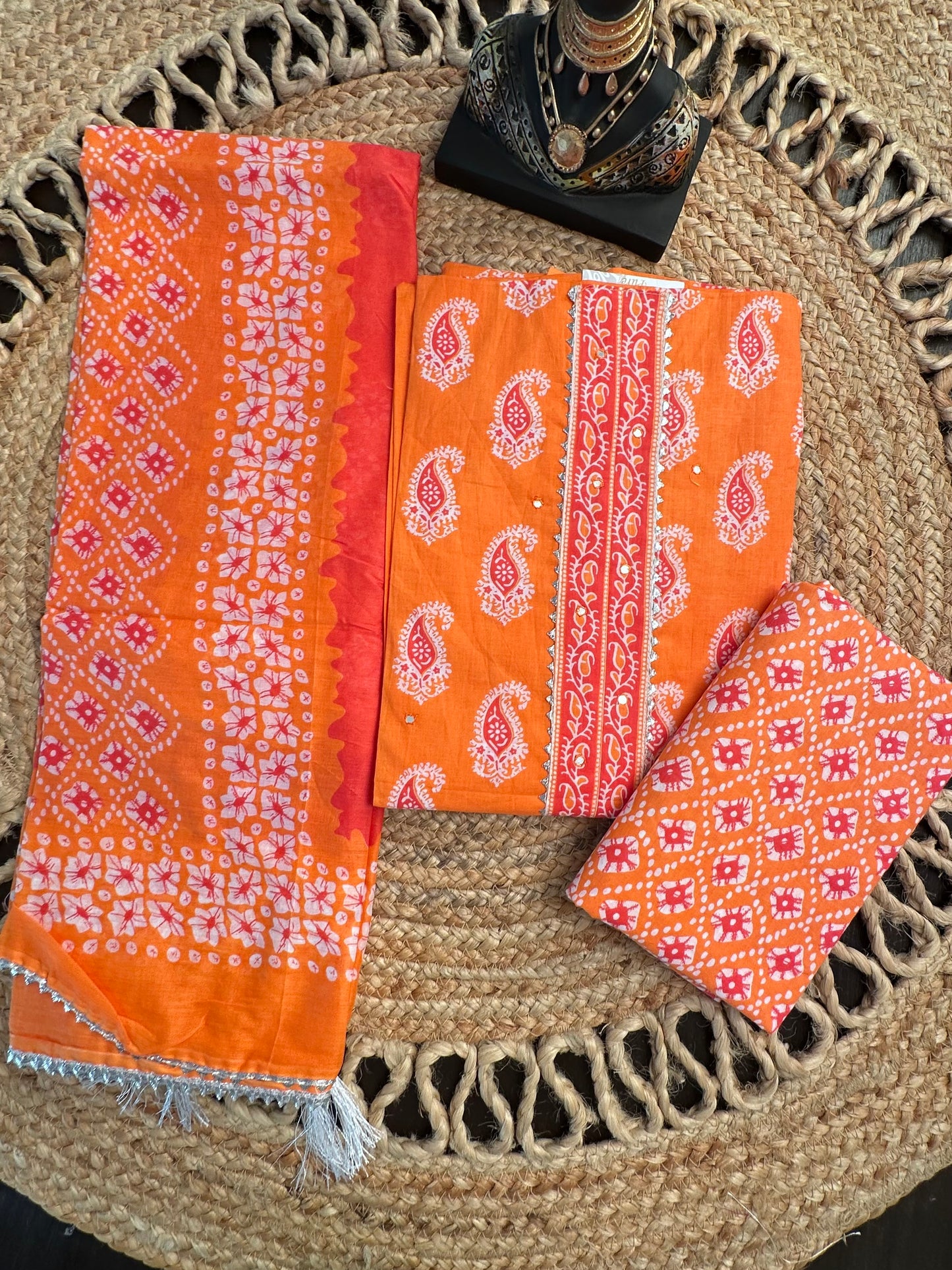 Orange Jaipuri Necktie Cotton 3-Piece Suit