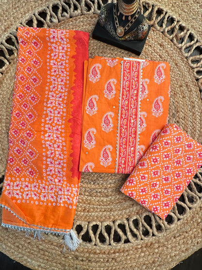 Orange Jaipuri Necktie Cotton 3-Piece Suit