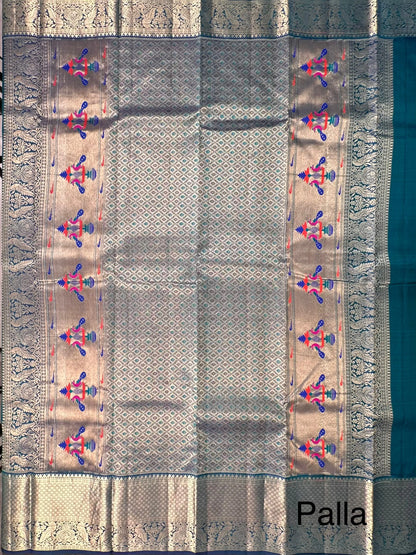 Teal Blue Handloom Kanjivaram Pure Silk Saree