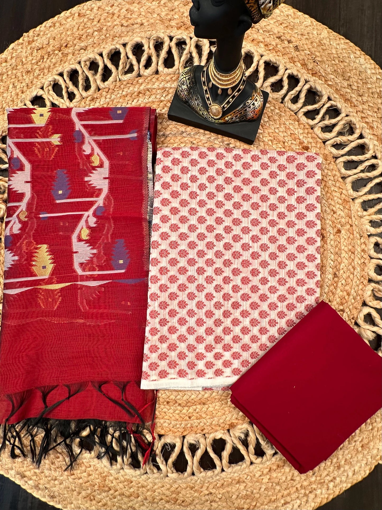 Off White-Maroon Jacquard Unstitched Cotton Suit