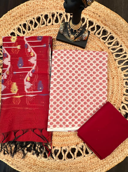 Off White-Maroon Jacquard Unstitched Cotton Suit