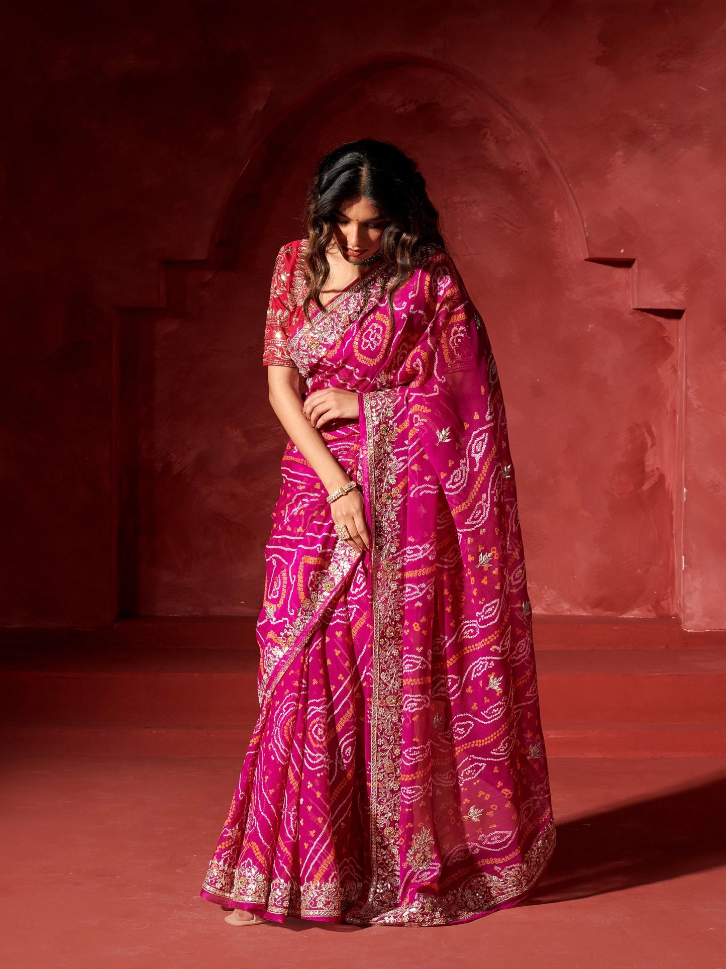 Bandhej Work Chinon Saree