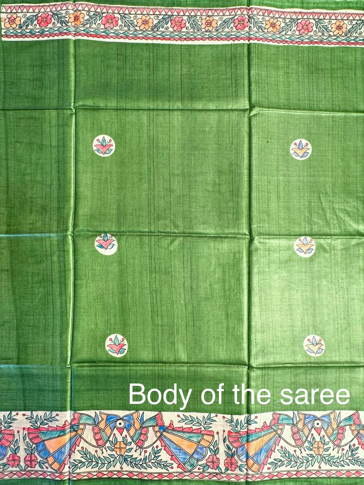 Green Madhubani Art Pure Tussar Silk Saree