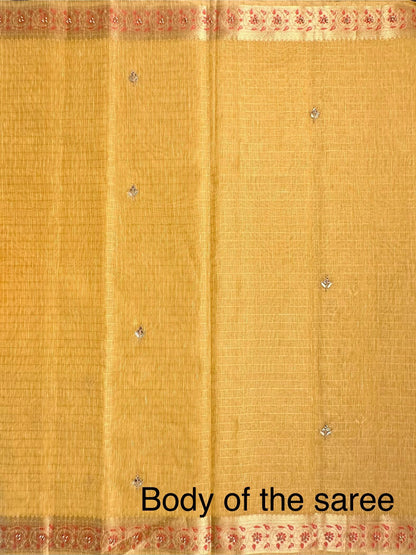 Mustard Fancy Zari Cotton Saree With Hand Work