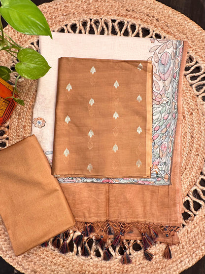 Brown Chanderi 3-Piece Unstitched Suit with Madhubani Dupatta