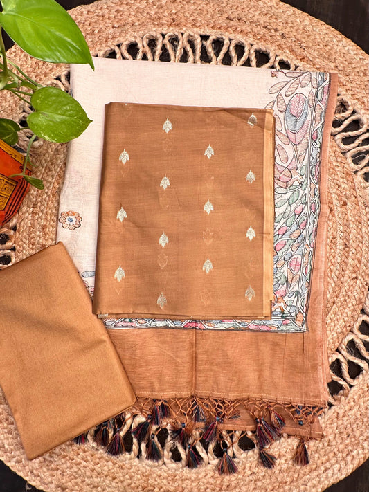 Brown Chanderi 3-Piece Unstitched Suit with Madhubani Dupatta