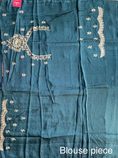 Turquoise Blue Artificial Crepe Saree With Hand Work