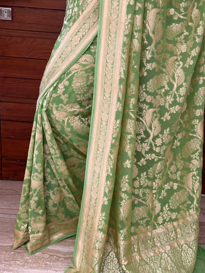 Parrot Green Khaddi Jaal Pure Georgette Saree