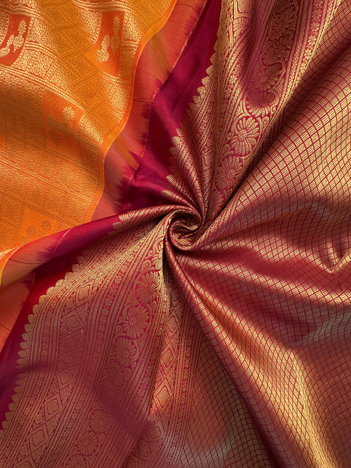 Mustard-Maroon Handloom Kadiyar Pure Silk Saree