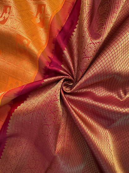 Mustard-Maroon Handloom Kadiyar Pure Silk Saree