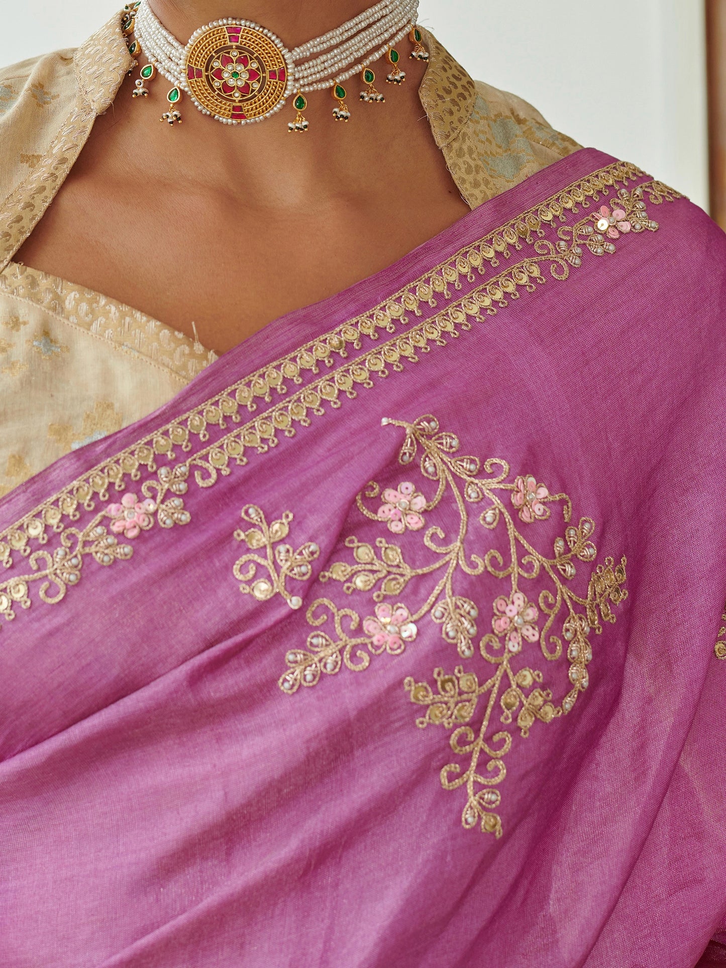 Pink Tussar Silk Saree With Zari Buta