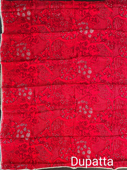Beige-Red Block Printed Fancy Cotton Suit