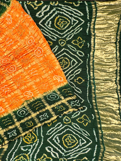 Mustard-Bottle Green Gharchola Bandhej Gajji Silk Saree