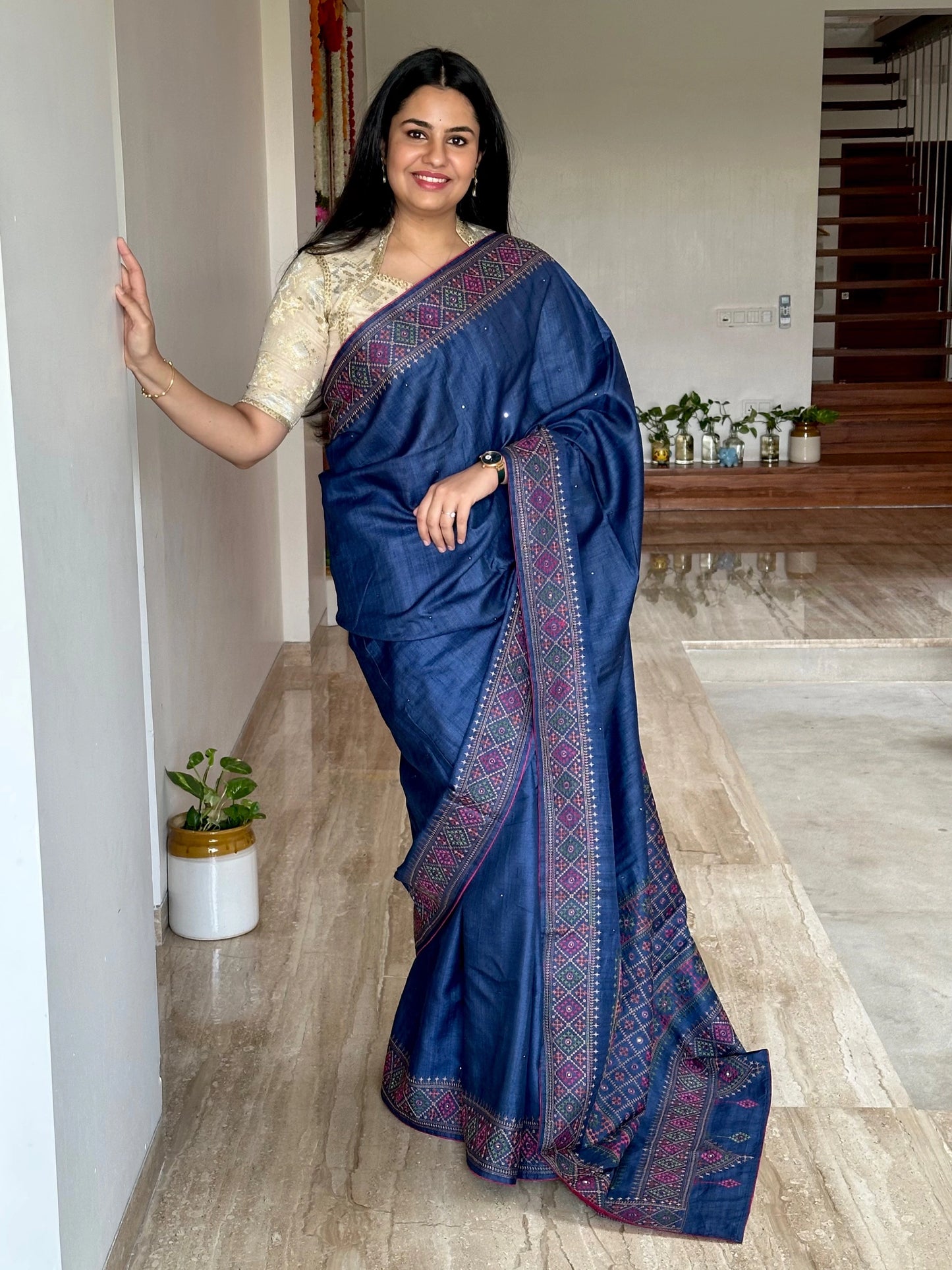 Navy Blue Pure Tussar Silk Saree With Embroidery