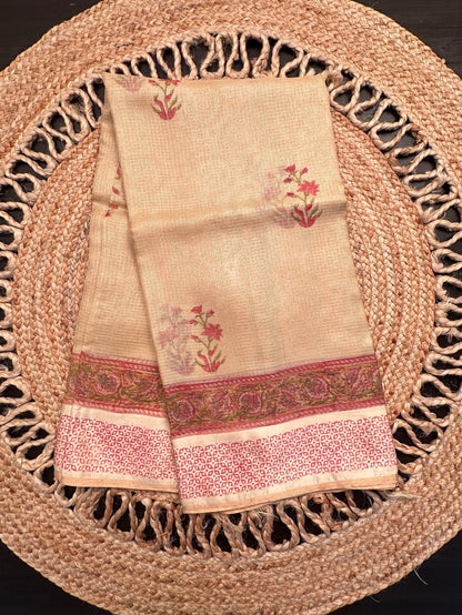Beige Hand Block-Print Pure Kota Doria Silk Saree