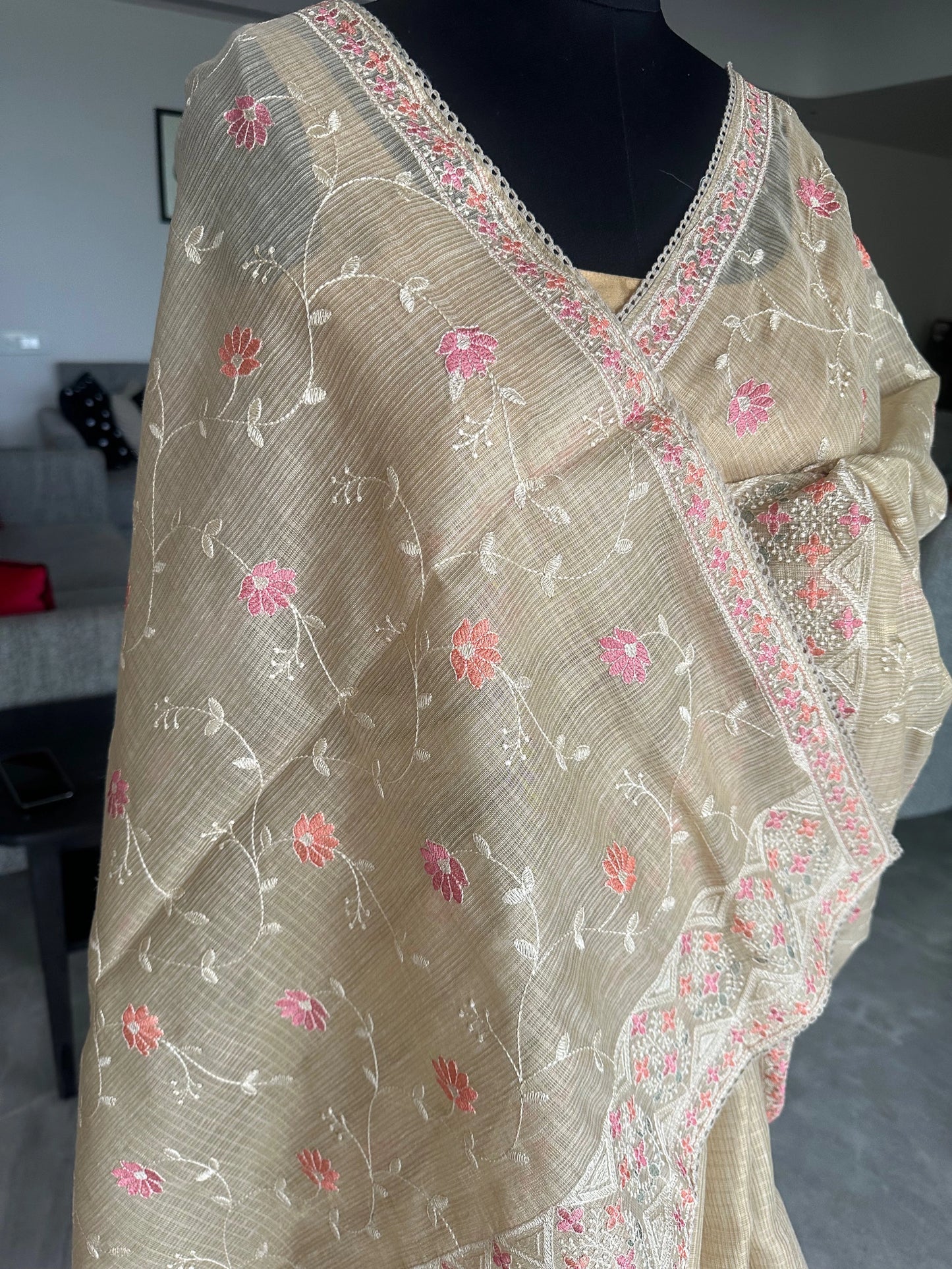 Cream Fancy Tissue Saree