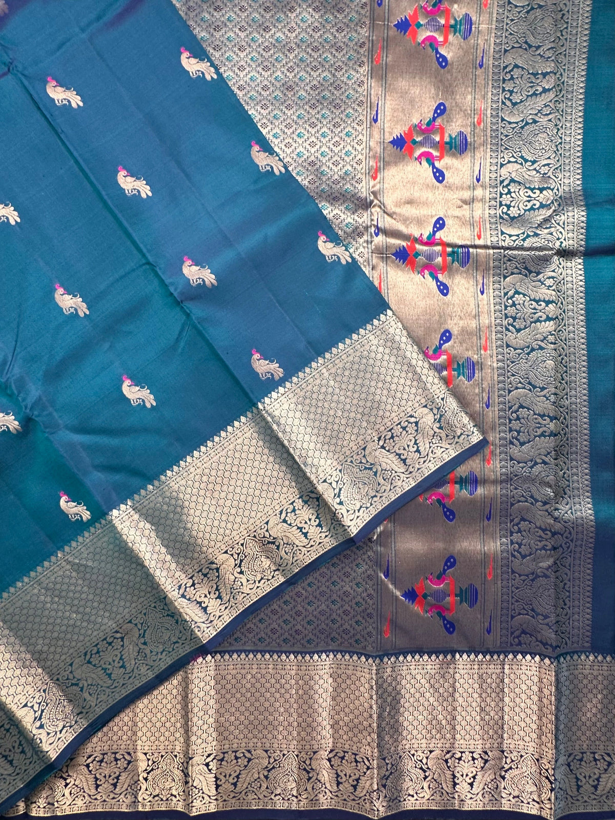 Teal Blue Handloom Kanjivaram Pure Silk Saree