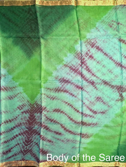 Sea Green-Green-Purple Shibori Kota Doria Pure Silk Saree