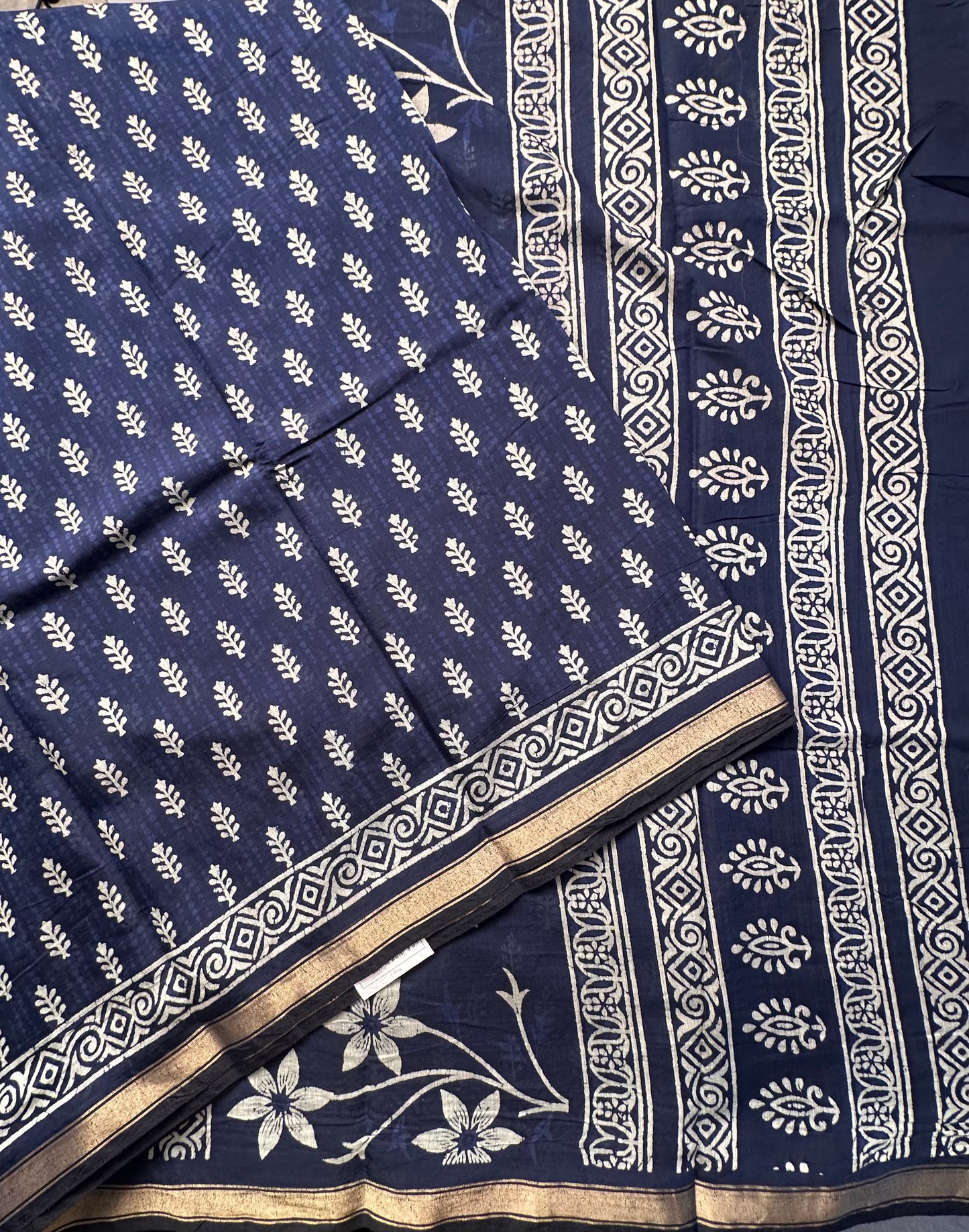 Indigo Blue Printed Cotton Blend Saree