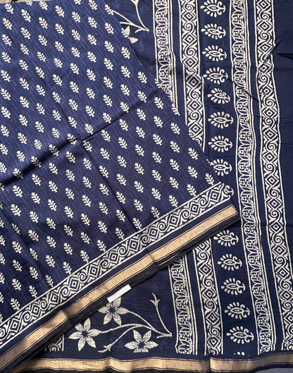 Indigo Blue Printed Cotton Blend Saree