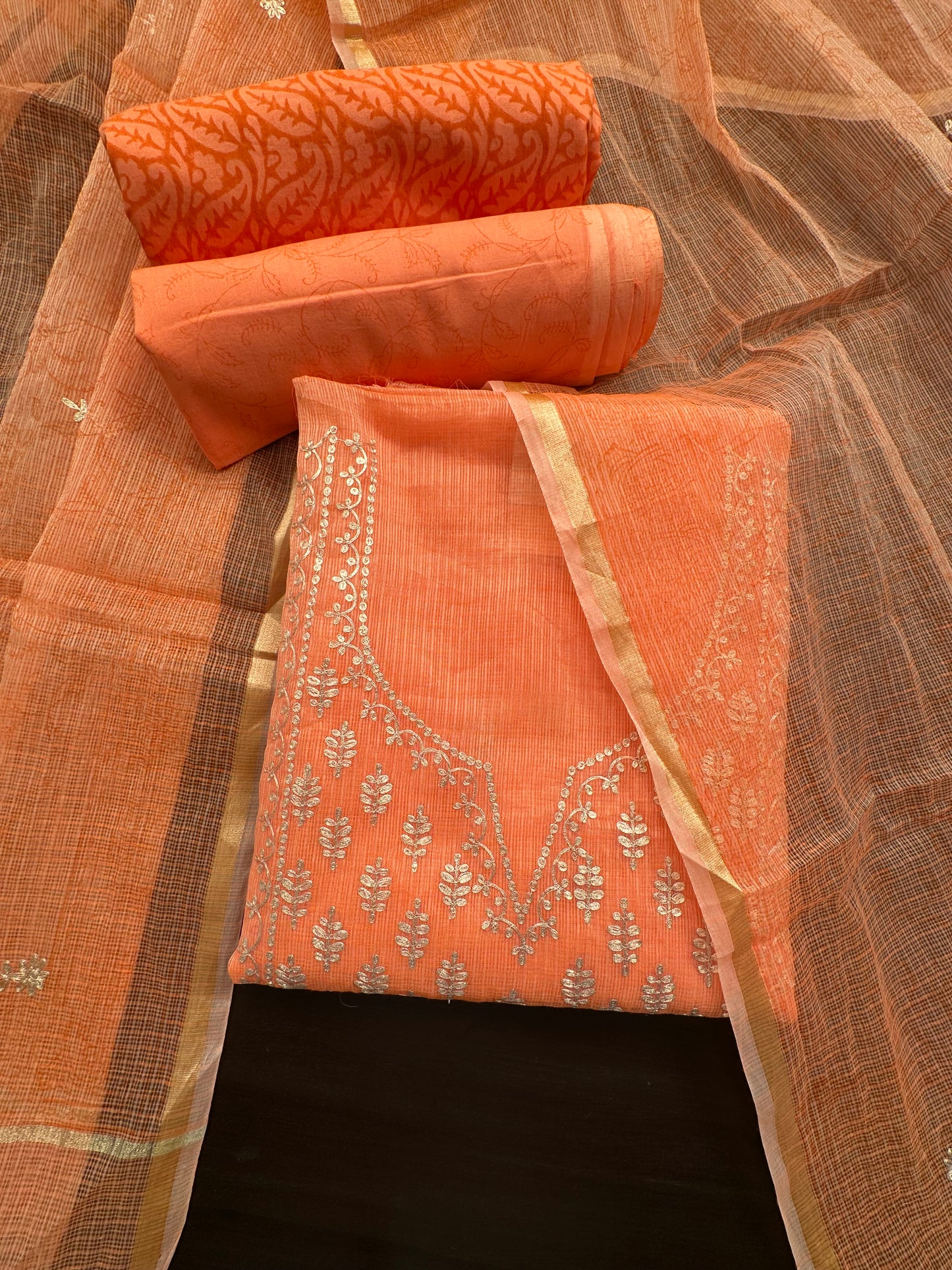 Peach 4-Piece Kota Doria Cotton Unstitched Suit