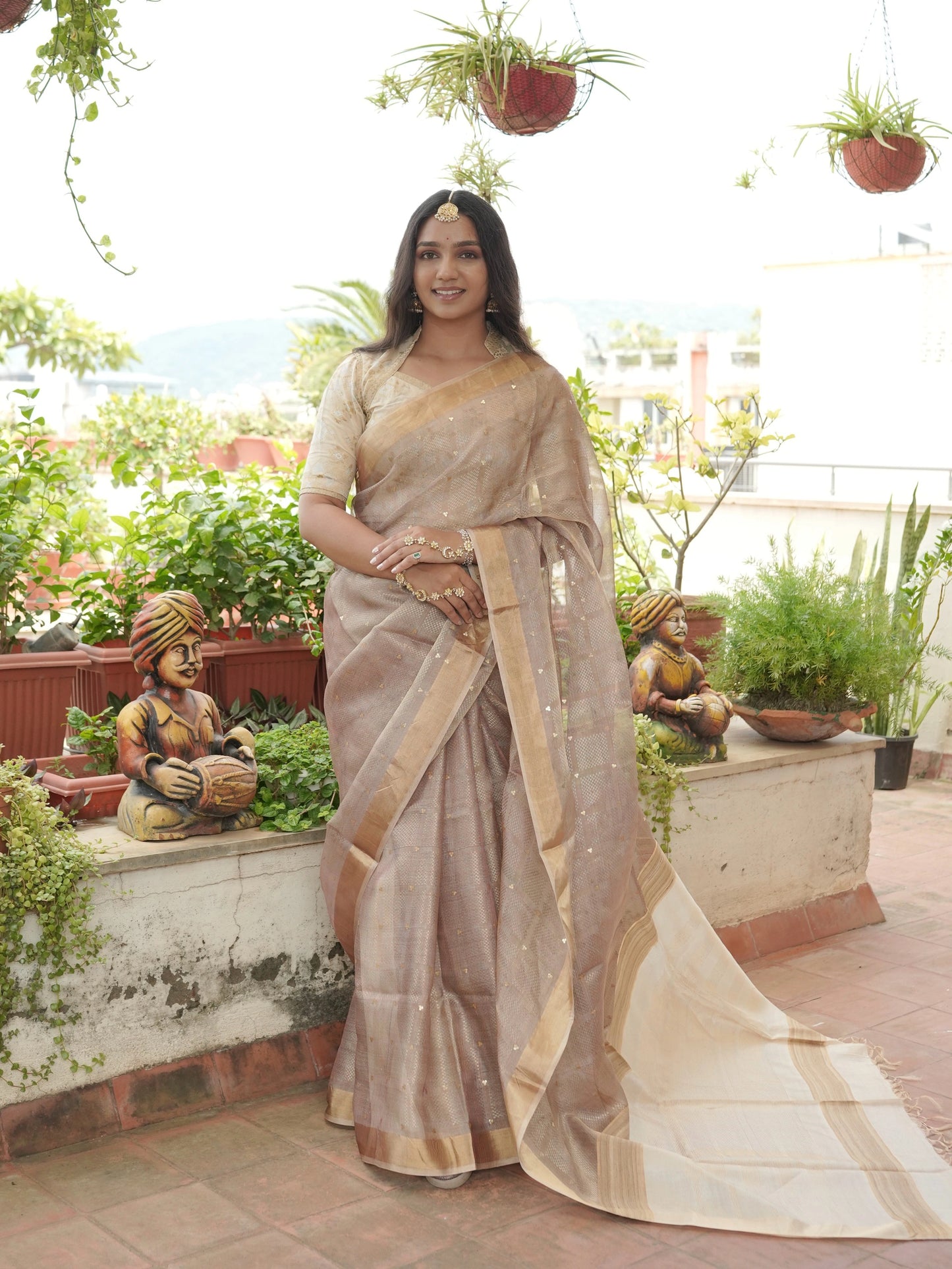 Mauve Emboss Pure Tissue Silk Saree