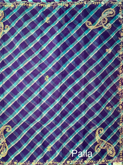 Royal Blue-Firozi Kyra Leheriya Kota Doria Pure Silk Saree With Gota Patti Work