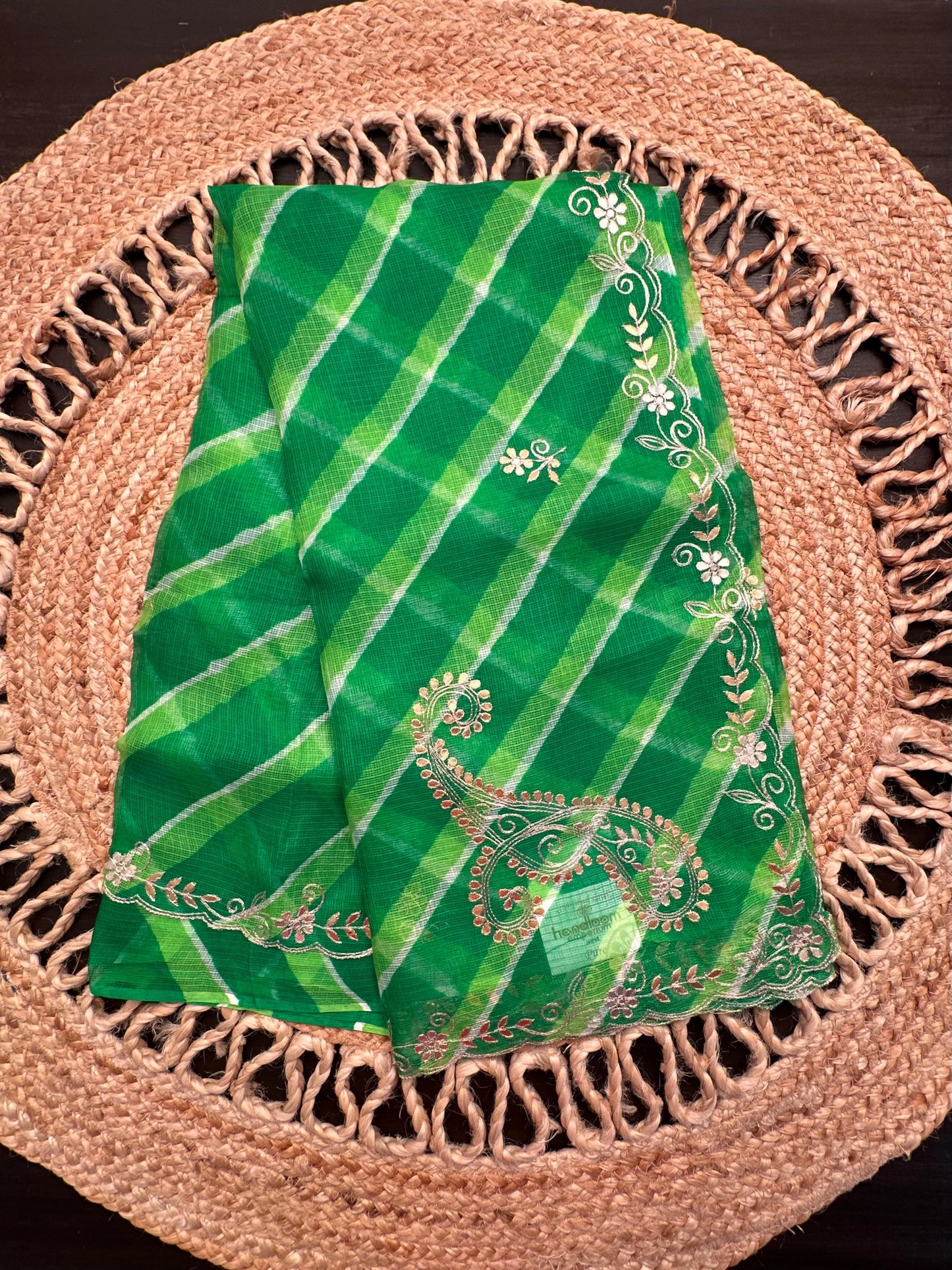 Green Kyra Leheriya Kota Doria Pure Silk Saree With Gota Patti Work