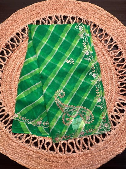 Green Kyra Leheriya Kota Doria Pure Silk Saree With Gota Patti Work